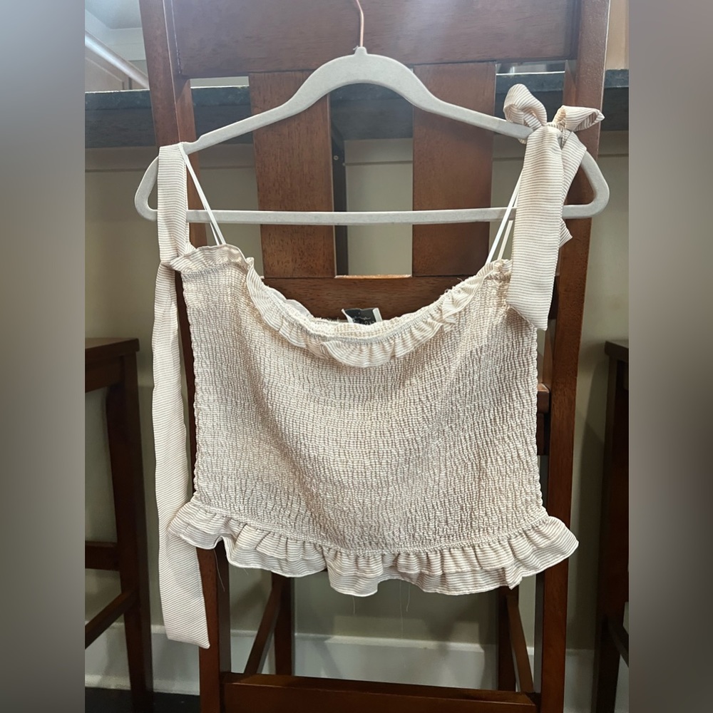 Strapless striped beige and white summer top
